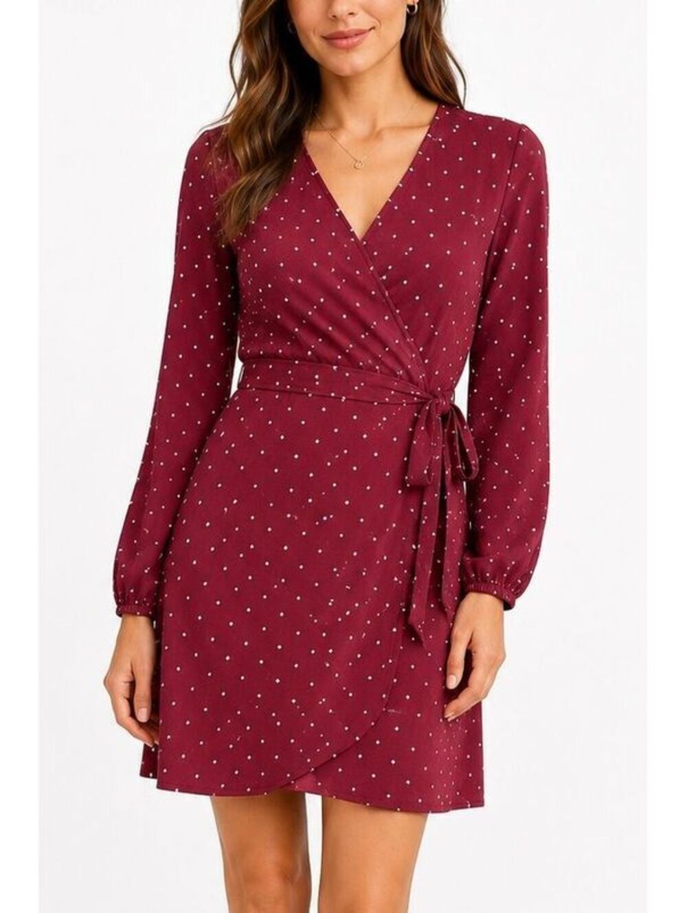 LOFT Burgundy Star Print Wrap Dress Size 0 Long Sleeve V Neck Tie Waist